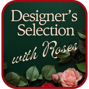 Designer's Choice With Roses In Glass Vase